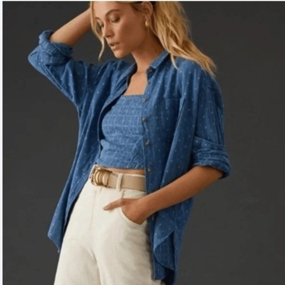 Pilcro by Anthropologie Oversized Blue Dobby Cotton Button-Down Shirt – Size S